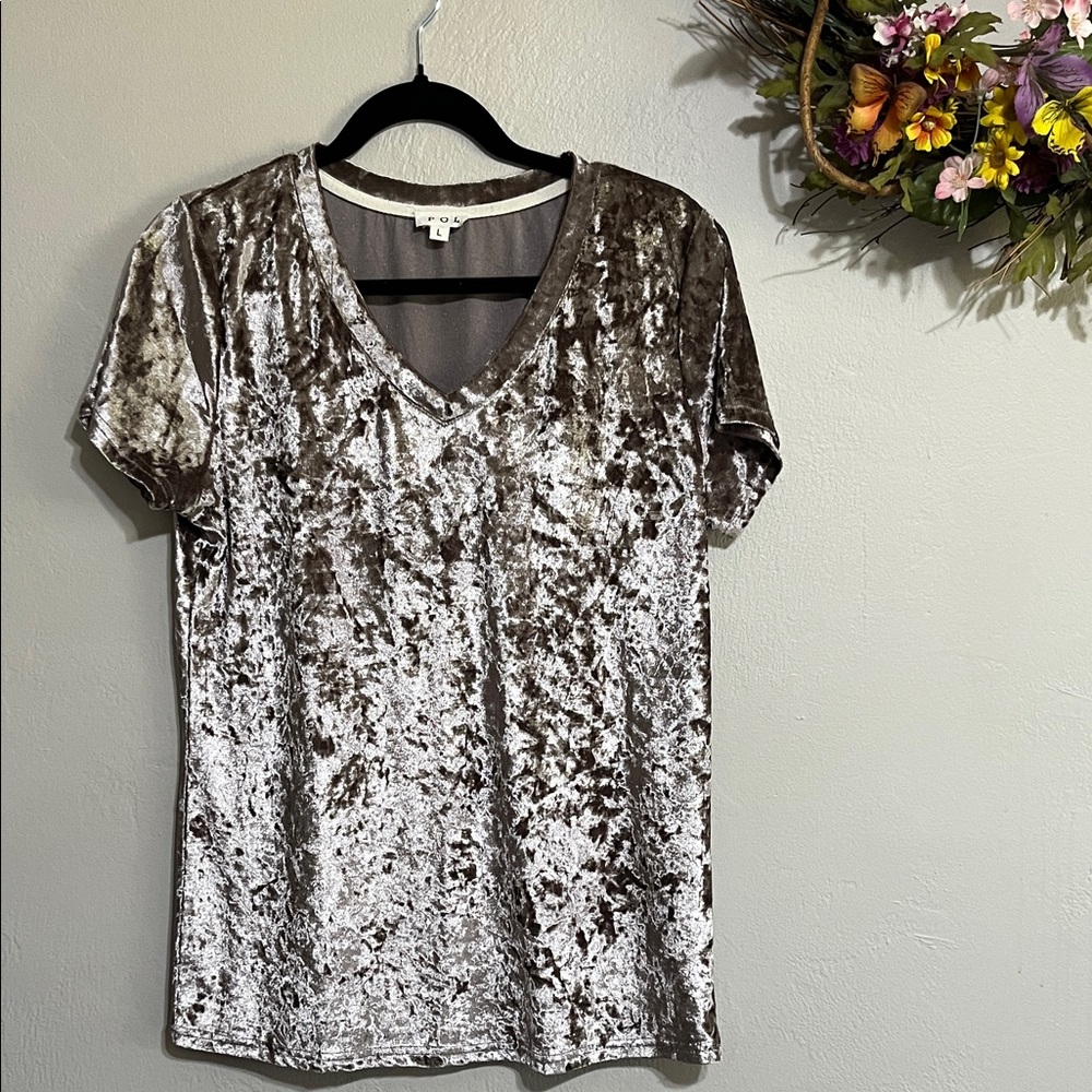 🌾POL Crushed Velvet V-Neck Tee in Metallic Deep Beige